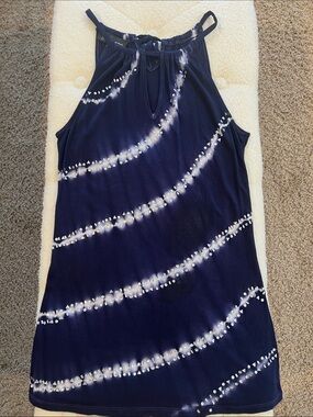 INC International Concepts Navy and White Tie-Dye Tank w/ Keyhole & rhinestones